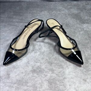 EUC Stuart Weitzman Women Sz US 7B / EU 37.5 Black Slingback Heels PVC Toe Sleek